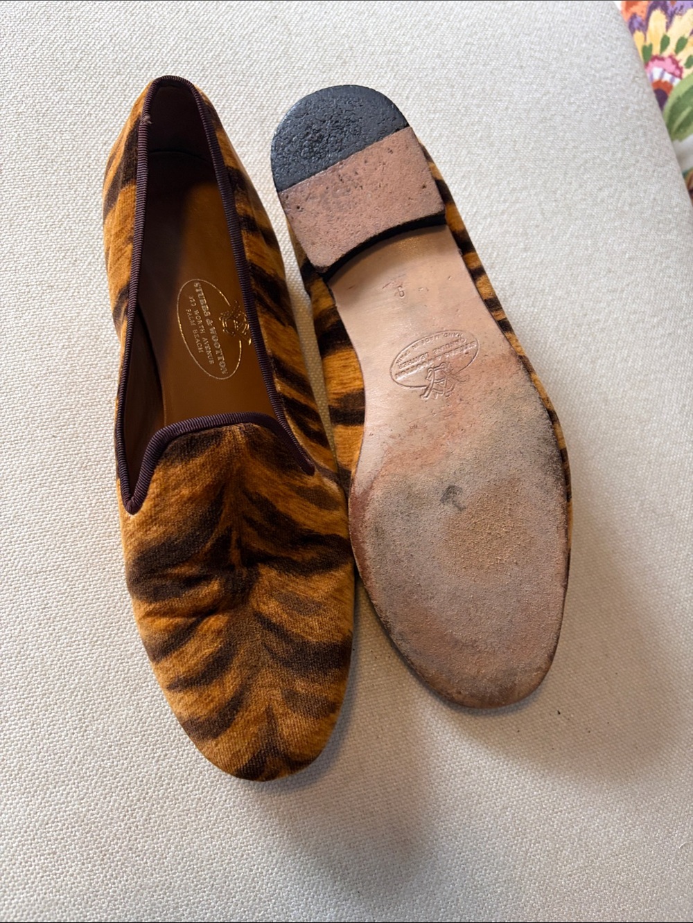 Stubbs & Wootton Orange and Black Tiger-Print Flats - Picture 2 of 4